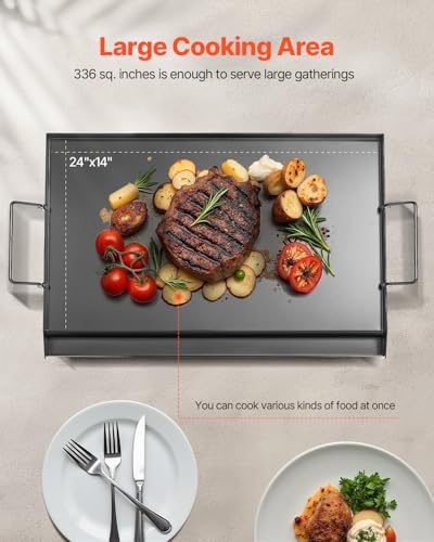 VEVOR Carbon Steel Griddle, 24x16 inch Universal Flat Top Rectangular Plate, Gas Grill Griddle for BBQ Grill, Teppanyaki, Portable Family Cookware with Handle, for Camping Tailgating Party - Image 4