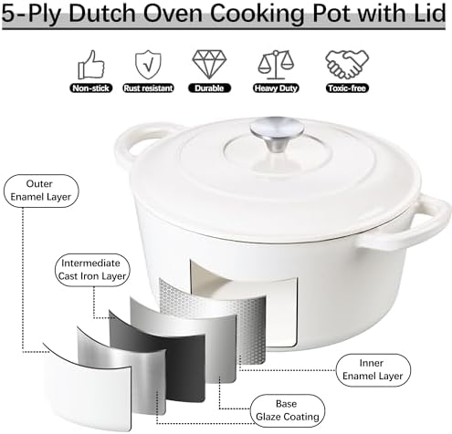 E-far 7QT Enameled Dutch Oven, Cast Iron Dutch Oven Pot with Lid for Cooking/Bread Baking/Braising/Roasting/Stewing, Heavy Duty Round Nonstick Cookware Safe for Induction & Oven - White - Image 4