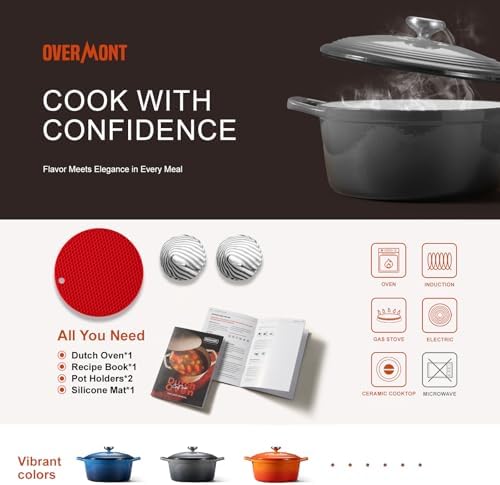 Overmont Enameled Cast Iron Dutch Oven - 5.5QT Pot with Lid Cookbook, Grey - Image 6