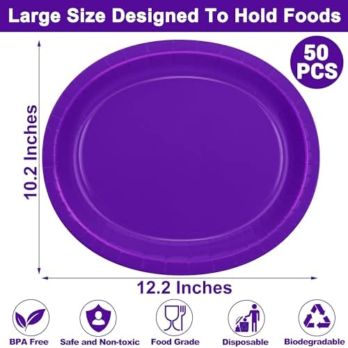 50 Count Purple Paper Plates Set Oval Heavy-duty Purple Party Decorations - Image 2