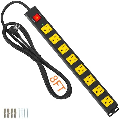 8 Outlet Power Strip 2100J Surge Protector, 8FT Heavy Duty Extension Cord Wide Spaced Outlet and Wall Mount Metal Powerstrip for Home Office Garage Workshop by Plugn