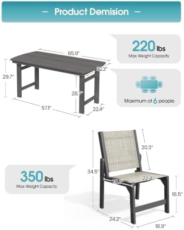 Ciokea HDPE Outdoor Dining Set, Patio Table and 6 Stackable Chairs, Grey - Image 2