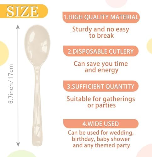 SietDESEO 25 PCS Ivory Plastic Spoons Disposable Utensils Heavy Duty Ivory Spoons Disposable Cutlery for Birthday Wedding Baby Shower Bridal Shower Plastic Silverware - Image 3