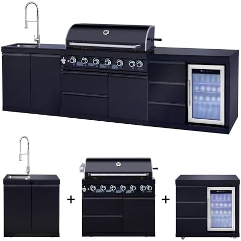 114 Inch Outdoor Kitchen Island, 6 Burner Propane Gas BBQ Grill 83500 BTU, 304 Stainless Steel Black Grill Station with Sink, Refrigerator, Rotisserie, For Patio, Lawn, Backyard, Black - Image 4