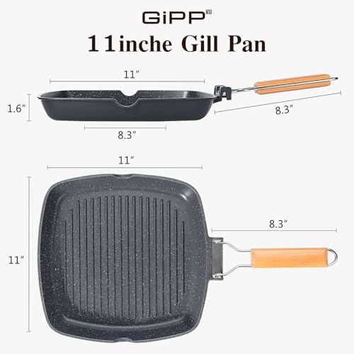 GiPP 11 Inch Nonstick Grill Pan with Folding Handle,Square Grill Skillet - Image 2