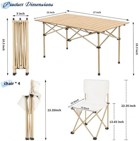 Camping Table with 4 Chairs, Portable Folding Picnic Table Set-Beige - Image 3