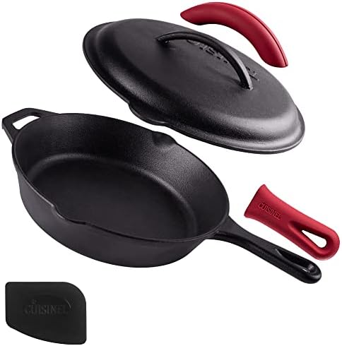 Cuisinel Cast Iron Skillet with Lid - 10"-inch Pre-Seasoned Covered Frying Pan Set + Silicone Handle and Lid Holders + Scraper/Cleaner - Use Indoor/Outdoor, Oven, Stove, BBQ, Fire, Grill Cookware by Cuisinel