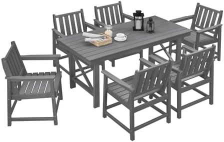 7 Pieces HDPE Outdoor Dining Set, Patio Dining Set with Umbrella Hole, All Weather Outdoor Dining Table Sets for 6, HDPE Patio Furniture Sets for Deck, Backyard, Lawn, and Poolside, Smoke Gray by SeeHill