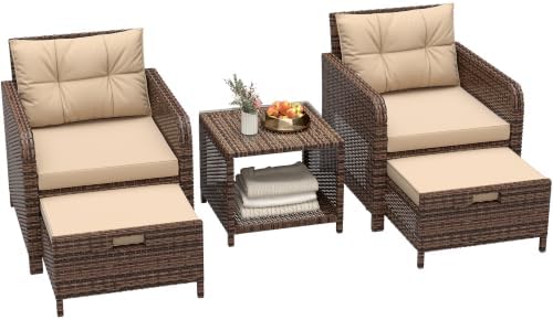 LHBcraft 5 Piece Patio Furniture Set, PE Wicker Outdoor Furniture Set with Soft Cushions & Coffee Table, Outdoor Lounge Chairs with Ottoman for Porch, Lawn, Balcony, Beige-Brown by LHBcraft-US