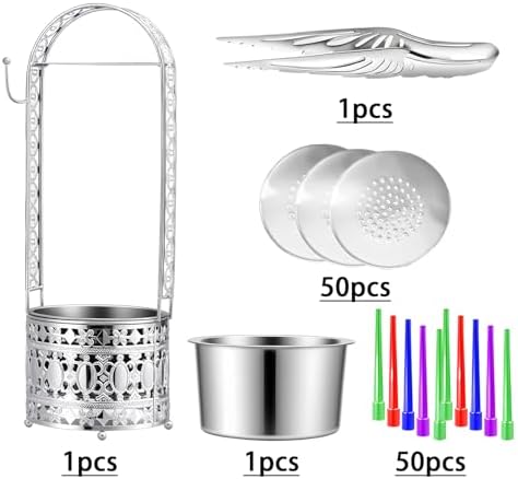 Portable Hookah Charcoal Basket with Coal Tongs,50 pre-Cut foil Sheets, 20 hygienic mouthpieces - Metal Storage Container & Holder for Shisha Accessories (Silver Basket 15.7") - Image 2