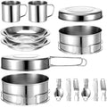 JJUNW 14Pcs Stainless Steel Camping Cookware Set, Lightweight Compact Camping Pots Pans Set with Cups Plates Forks Knives Spoons for Backpacking Camping-Cooking Hiking and Picnic by Unknown