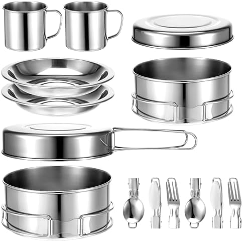 JJUNW 14Pcs Stainless Steel Camping Cookware Set, Lightweight Compact Camping Pots Pans Set with Cups Plates Forks Knives Spoons for Backpacking Camping-Cooking Hiking and Picnic by Unknown