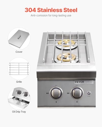 VEVOR Double Grilling Side Burners, 2 x 17,000BTU Liquid Propane Side Burner for Outdoor Kitchen, Convertible to Natural Gas, 304 Stainless Steel Built-in Double Burners with LED for BBQ Grill Island - Image 5