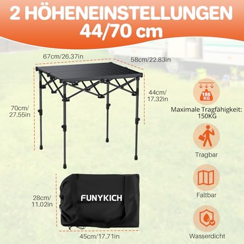 FUNYKICH Folding Camping Square Table, 2 Height Adjustable 17.3'' & 27.6'' - Image 2