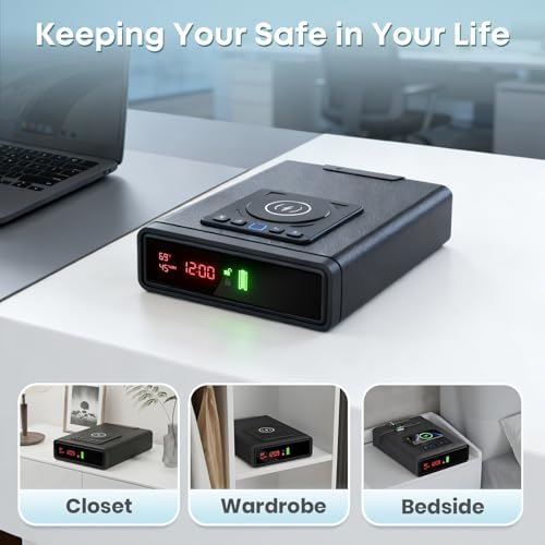 Biometric Gun Safe for Handgun with Wireless Phone & Watch Charging, Clock Pistol Safe with Fingerprint, Keypad and Key Access, Adjustable Brightness, Backlit Keypad for Home Office - Image 5