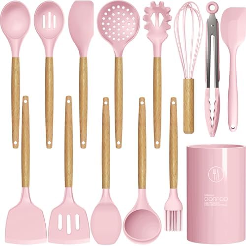 oannao Silicone Kitchen Utensils Set - 446°F Heat Resistant Cooking Utensil Sets, Spatula,Turner,Tongs,Spoon,Whisk, Wooden Handle Silicone Kitchen Gadgets Tools for Non-Stick Cookware BPA Free (Pink) by oannao