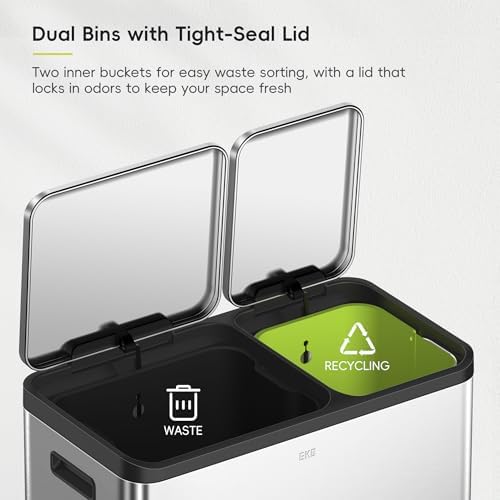 EKO EcoCasa Stainless Steel Dual Step Trash Can for Recycling, 30L+20L Rectangular Kitchen Trash Can, Independent Pedals and Lids, Soft Close and Fingerprint Resistant - Image 4