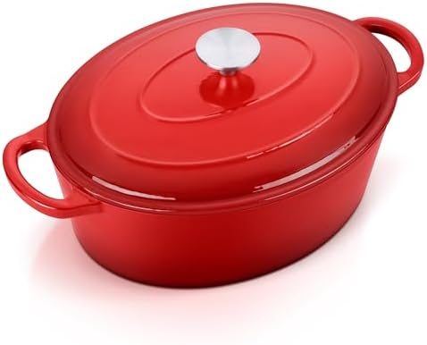 E-far 7QT Oval Dutch Oven Pot with Lid, Red Enameled Cast Iron Dutch Oven by E-far