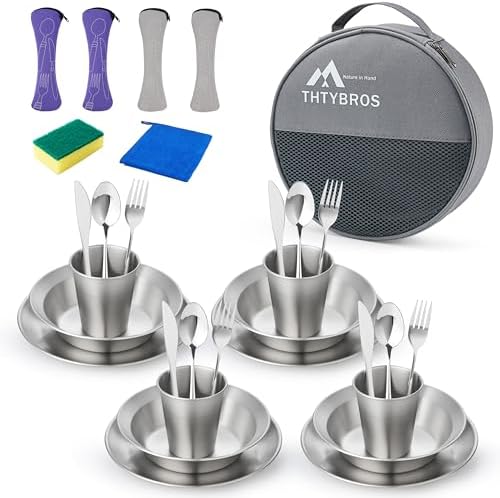 Stainless Steel Camping Mess Kit for 1-4 People,All-in-One Camping Cookware & Tableware Set with Plates,Bowls, Cups,Cutlery & Carry Bag,Outdoor Cooking Utensils for Camping,Backpacking,Hiking, Picnic by THTYBROS