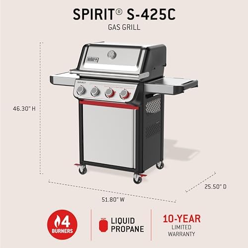 Weber Spirit® S‑425C Gas Grill (Liquid Propane) for Outdoor Cooking, 4 Burner – Stainless Steel with Porcelain-Enameled Cast-Iron Grates, 2 Boost Burners & Sear Zone - Image 4