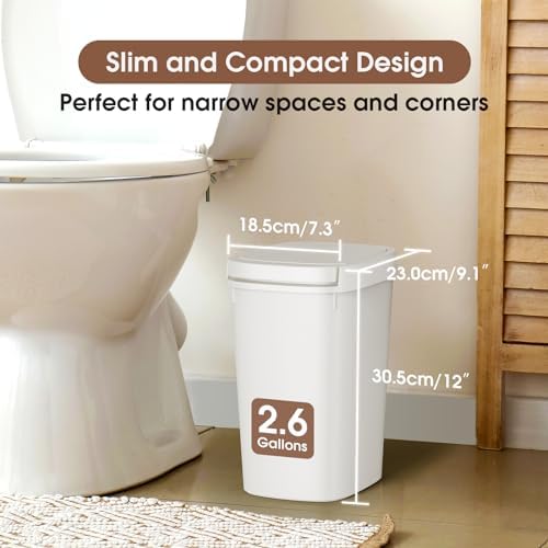 CEROELDA 3 Pack Bathroom Trash Can with Lid, 10L/2.6 Gal Small Garbage Can with Press Top Lid, Slim Plastic Waste Basket for Toilet, Office, Bedroom (White, 3 Pack) - Image 2