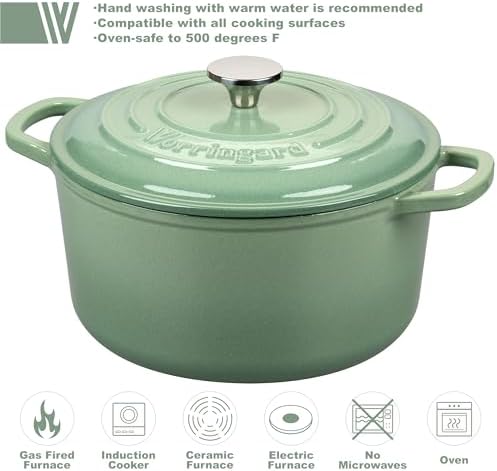 VORRINGARD Enameled Cast Iron Dutch Oven Pot with Lid, for Sourdough Bread Baking, Round Dutch Ovens, 6 Quart, Sage green - Image 3