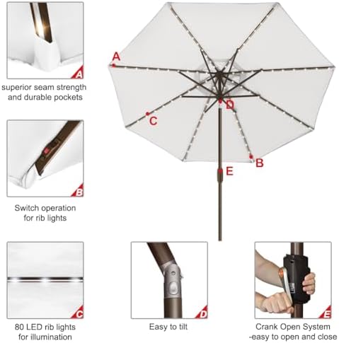 EliteShade USA 10-Year-Non-Fading 9ft Market Patio Umbrella, Commercial Grade Table Sun Umbrella with 80 Solar LED Lights, Crank Open, Windproof & UPF 50+ UV Protection for Garden, Deck, Pool, Backyard, White - Image 5
