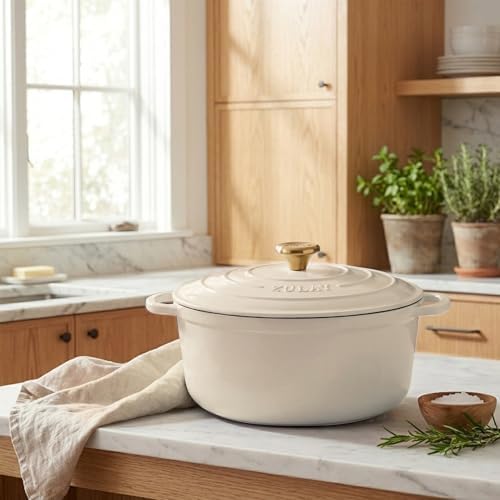 Zulay Kitchen 5 Quart Enameled Cast Iron Dutch Oven Pot with Lid – Premium Durability & Oven Safe up to 500°F – Heavy Duty Cookware Perfect for Bread Baking, Stews, Braising & Roasting – Ivory - Image 2