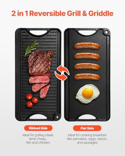 VEVOR Reversible Grill/Griddle, 20x10 inch Pre-Seasoned Cast Iron Griddle, Portable Rectangular Pan with Handle, Family Cookware for Indoor/Outdoor Stove Top Burner, Gas, Camping BBQ, Black - Image 2