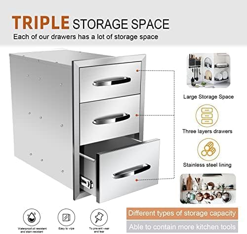 Outdoor Kitchen Drawers Stainless Steel 3-Drawer BBQ Drawer Enclosed Built-in Drawer Flush Mount For Outdoor Kitchens & BBQ Islands,14Wx21Dx21H - Image 4