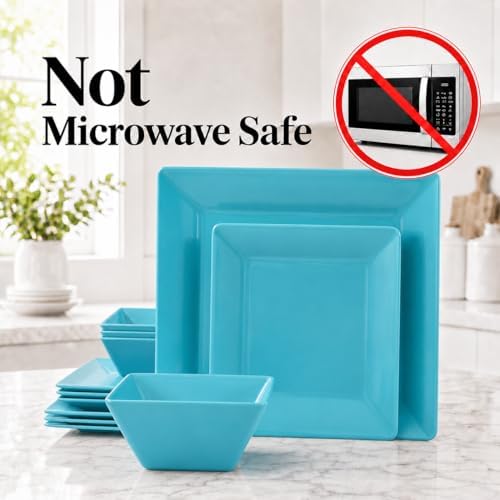 TP 12-Piece Melamine Dinnerware Sets, Square, Service for 4, Teal - Image 3