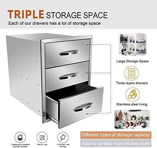 Outdoor Kitchen Drawers Stainless Steel 3-Drawer BBQ Drawer Enclosed Built-in Drawer Flush Mount For Outdoor Kitchens & BBQ Islands,18Wx23Dx24H - Image 4