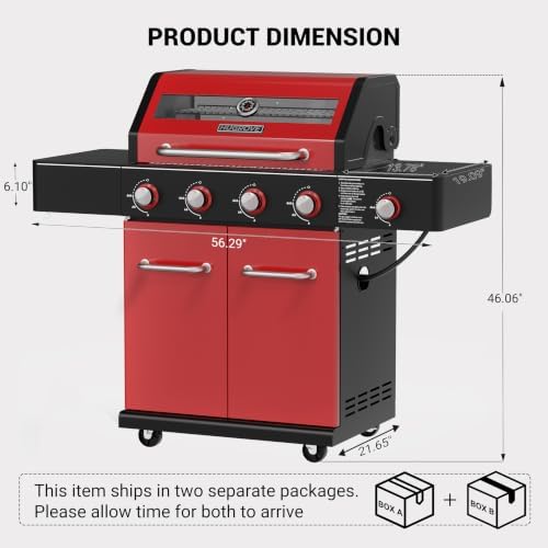 HUGROVE 4-Burner Liquid Propane Gas Grill, 56,000 BTU with Side Burner Red - Image 2