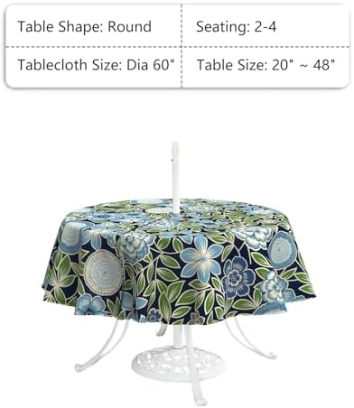 LVTXIII Round Outdoor Tablecloth with Umbrella Hole and Zipper, Water-Repellent 60 Inch Patio Table Cover for Bistro, Garden, Patio & Picnic, Botanical Blues - Image 3