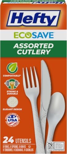 Hefty ECOSAVE Compostable Assorted Cutlery Set, Utensils for BBQs, Tailgates, Camping, Parties, & More, Includes 8 Forks, 8 Spoons, and 8 Knives, Compostable, Sustainable Design, 24 Count (Pack of 8) by Hefty
