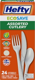 Hefty ECOSAVE Compostable Assorted Cutlery Set, Utensils for BBQs, Tailgates, Camping, Parties, & More, Includes 8 Forks, 8 Spoons, and 8 Knives, Compostable, Sustainable Design, 24 Count (Pack of 8) by Hefty