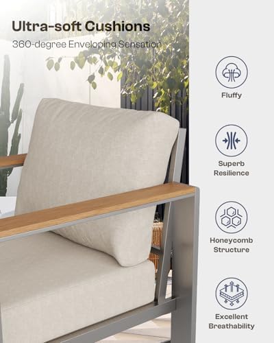 Aluminum Outdoor Patio Furniture Set with Coffee Table, 5 Piece Outdoor Conversation Sets with Washable Thick Cushions, Patio Sectional Furniture Set for Porch, Lawn, Garden, Silver - Image 6