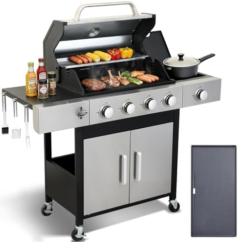 4 Burner Propane Gas Grill, 49,000 BTU Outdoor BBQ Grill with Cast Iron Grates & Griddle Combo, Large Cooking Area with Side Burner, Pullout Grease Tray, Portable for Backyard Patio by Unknown