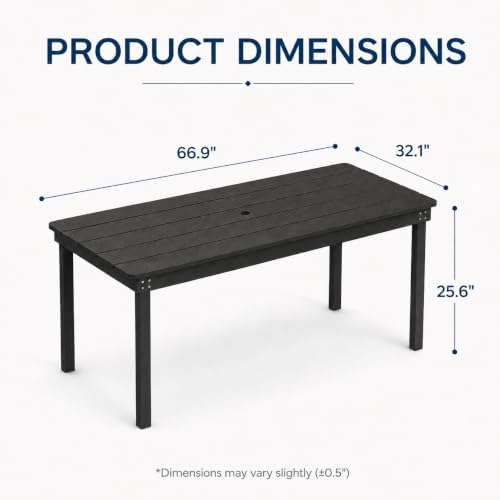 67" Rectangular Outdoor Dining Table, All-Weather HDPE Patio Table for 6-8 Person, Large Composite Wood Furniture with Umbrella Hole for Backyard Deck Garden Poolside, Black - Image 3
