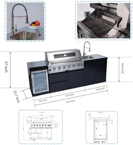 96-Inch 6-Burner Natural Gas Outdoor Kitchen Grill Island - 85000 BTU Stainless Steel BBQ, Refrigerator, Rotisserie, Stainless Countertops, Soft-Close Storage, For Patio, Lawn, Backyard, Black - Image 2