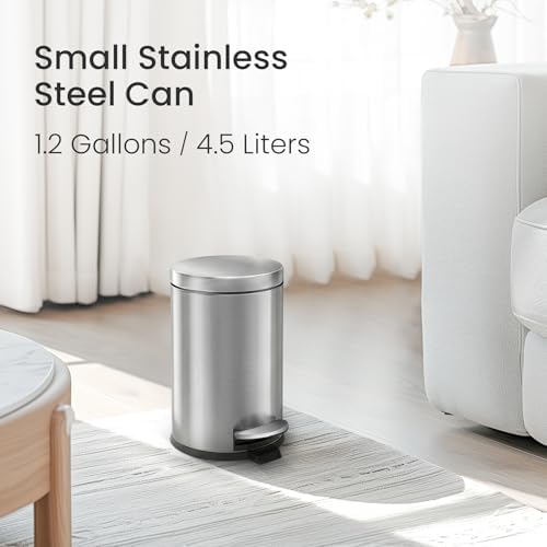 Cesun Small Round Bathroom Trash Can with Lid Soft Close, 1.2 Gal, Silver - Image 2