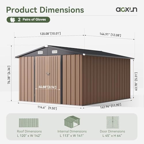 Aoxun 10 x 12FT Outdoor Storage Shed with Double Hinged Large Door, Brown - Image 3