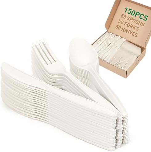 100% Compostable Cutlery Set, 150pcs (50 Forks,50 Spoons,50 Knives) by FEHHTOEco-friendlyLiving