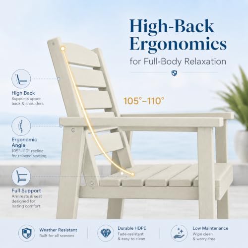 Patio Dining Chairs Set of 2, All-Weather HDPE Outdoor Dining Chair with High Back, Stackable Heavy Duty 400 lbs Lawn Armchair for Backyard Deck Porch Table, White - Image 4