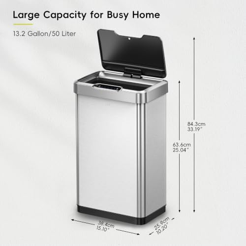 EKO Mirage-T 50 Liter / 13.2 Gallon Touchless Rectangular Motion Sensor Trash Can or Recycling Bin, Brushed Stainless Steel Finish - Image 5
