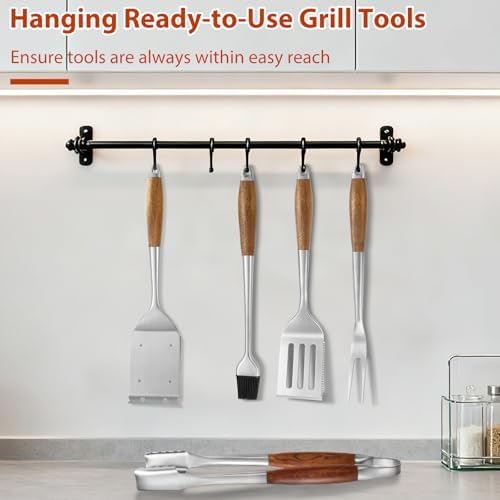 4 pcs Heavy-Duty Rose Wooden BBQ Grilling Tools Set, Extra Thick Stainless Steel Multi-Functional Spatula, Fork, Tong, Cleaning Brush - an Excellent Barbecue Gift for Men - Image 3