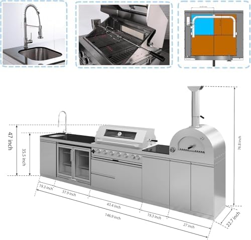147" Outdoor Kitchen Island,Propane BBQ Grill with Pizza Oven,Rotisserie,Double Door Refrigerator,Storage Cabinets,Granite Countertop & Drawers,120,000 BTU,Stainless Steel Material. - Image 2