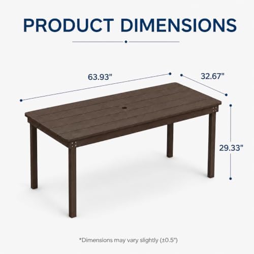64" Rectangular Outdoor Dining Table, All-Weather HDPE Patio Table for 6-8 Person, Large Composite Wood Furniture with Umbrella Hole for Backyard Deck Garden Poolside, Coffee - Image 2