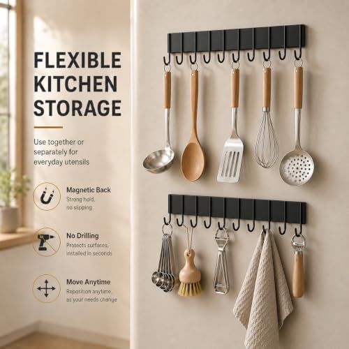 Magnetic Key Holder For Fridge With 10 Hooks, Magnetic Utensil Holder For Wall, Strong Magnetic Key Hanger Hooks Organizer, Magnent Key Rack For Kitchen Metal Door Garage Grill Tools Coat Towel Purse - Image 4