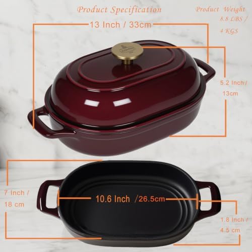 La Cuisine Enameled Cast Iron Bread Loaf Dutch Oven Oblong for Sourdough Crusty Bread & High‑Heat Baking. Oven-Safe 550°F/287°C Matte Black Enamel Interior, 5.5 QT, Cranberry - Image 3